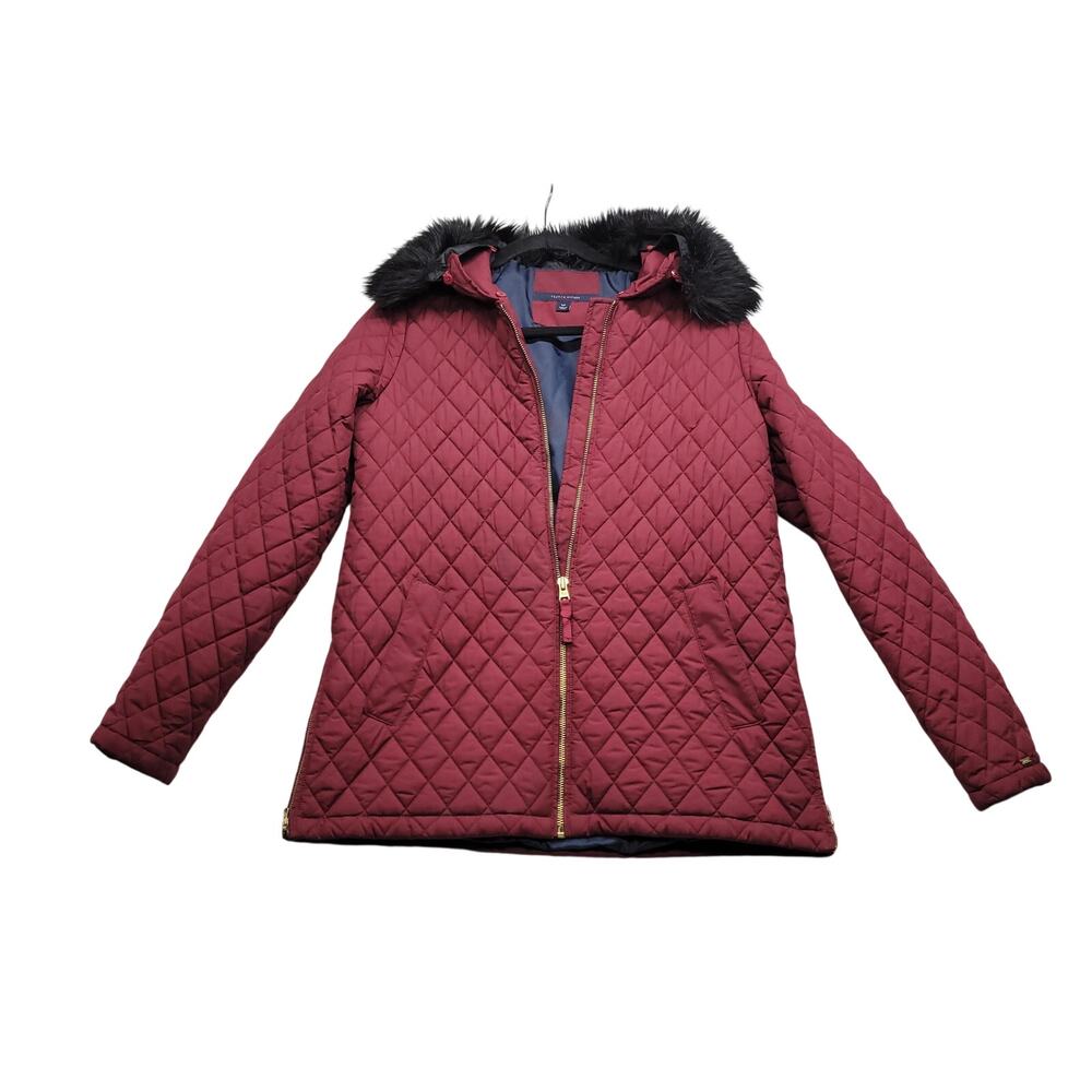 Tommy Hilfiger Womens Quilted Puffer Jacket Faux Fur Hood Burgundy Size S
